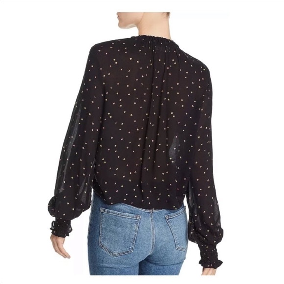 Anthropologie Cloth & Stone Black Floral Ruffle Neck Tie Front Long Sleeves Top - Picture 3 of 12